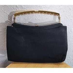 Vintage Ande Clutch/ Purse / Bag: Black Satir with Gold Stiff Handle and Clasp